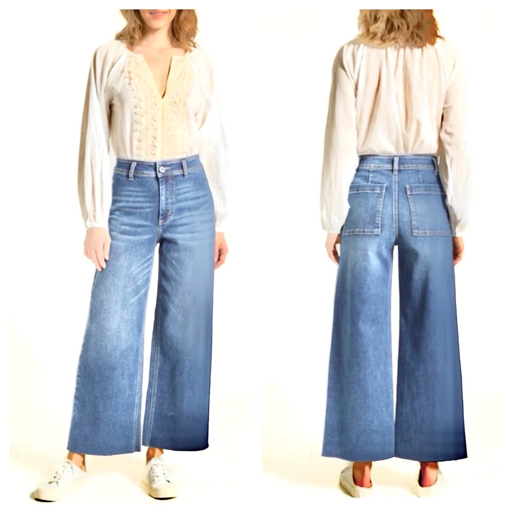 OAT NY High Rise Wide Leg Zip Fly Raw Hem Jeans Light Wash Size 0/25